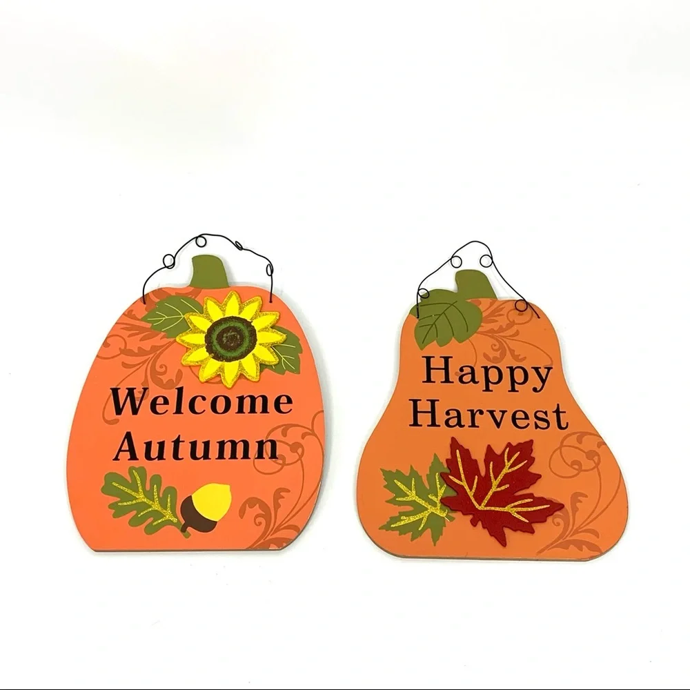 2 Piece Set Wooden Fall Pumpkin Wall Hang Decor Signs W/ Surprise Gift Not Shown